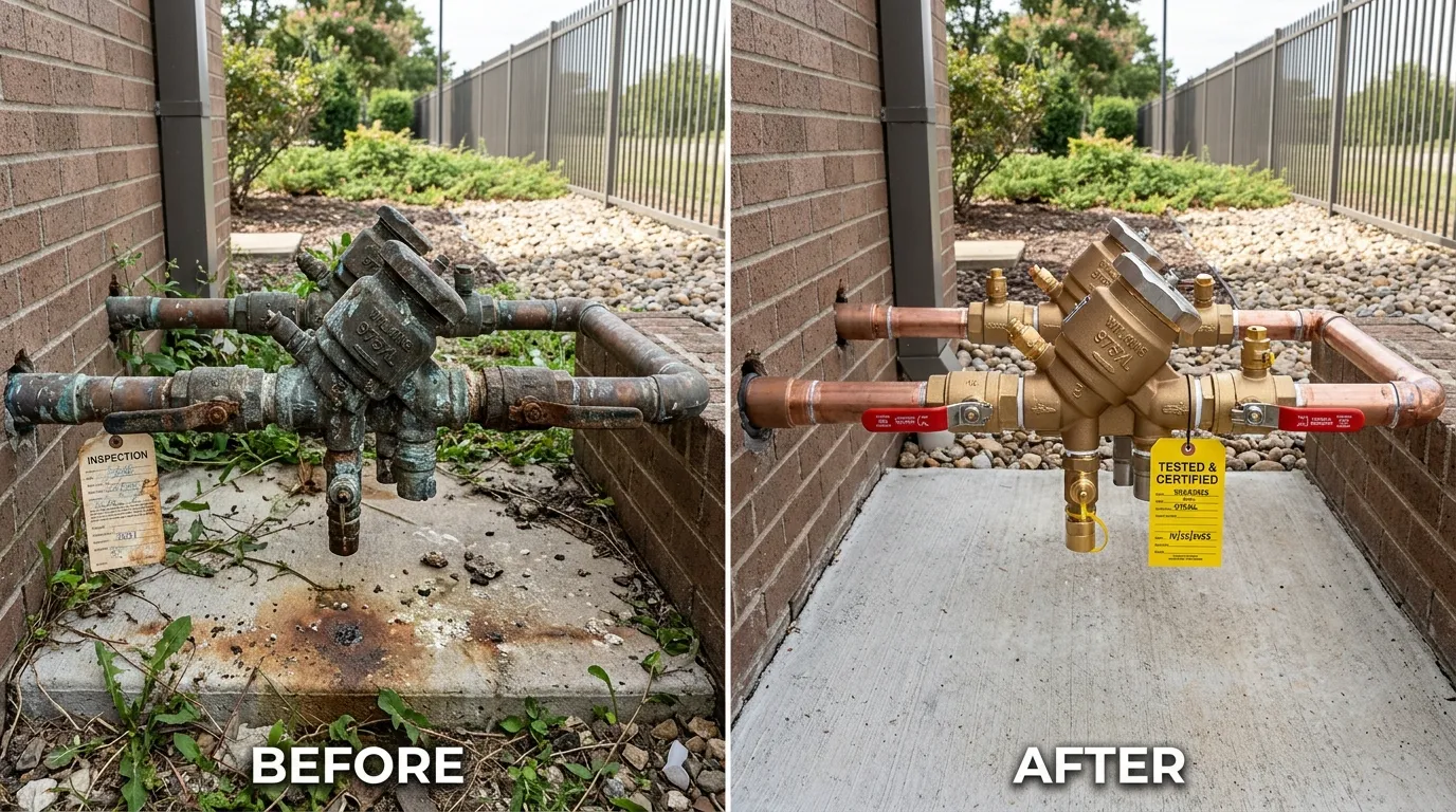 Backflow testing repair and replacement before and after results by Fox Rora Plumbing in Aurora CO