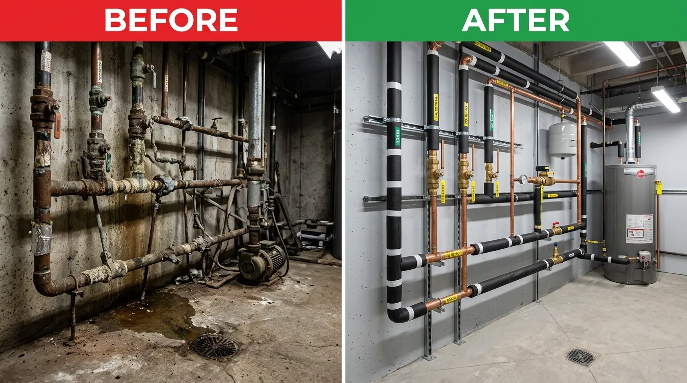 Commercial pipe repiping repair and replacement before and after — Fox Rora Plumbing Aurora CO