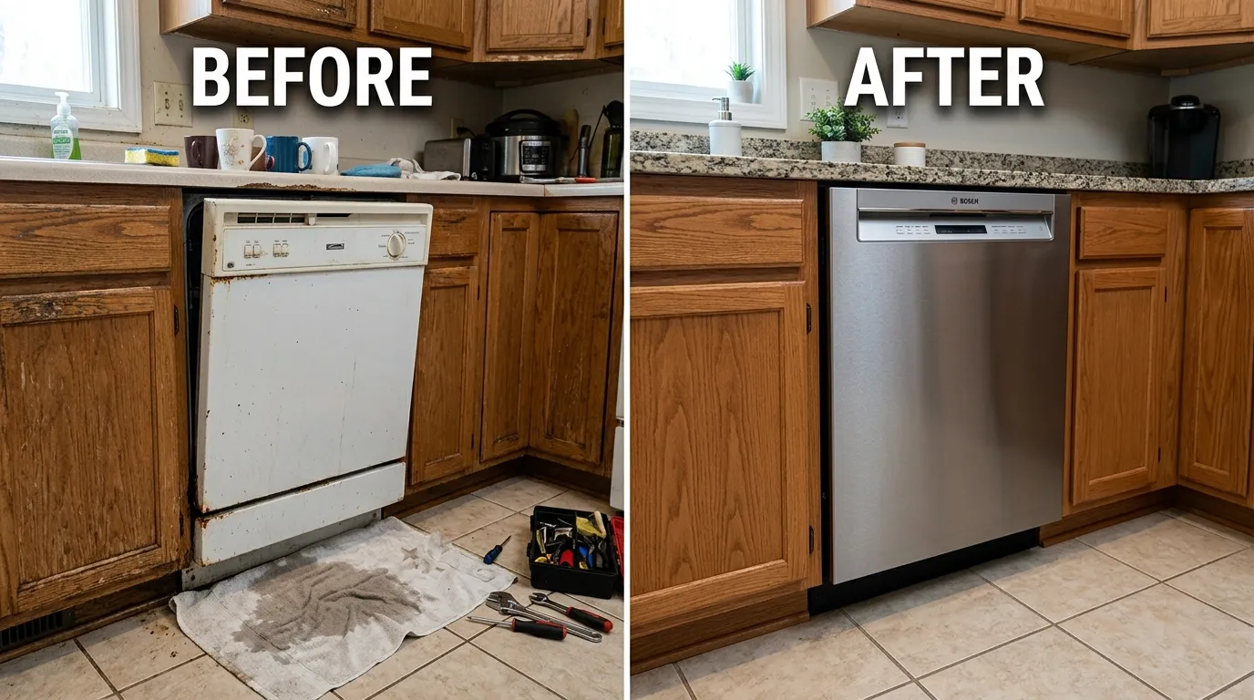 Dishwasher Repair and Replacement Before and After — Fox Rora Plumbing Aurora CO