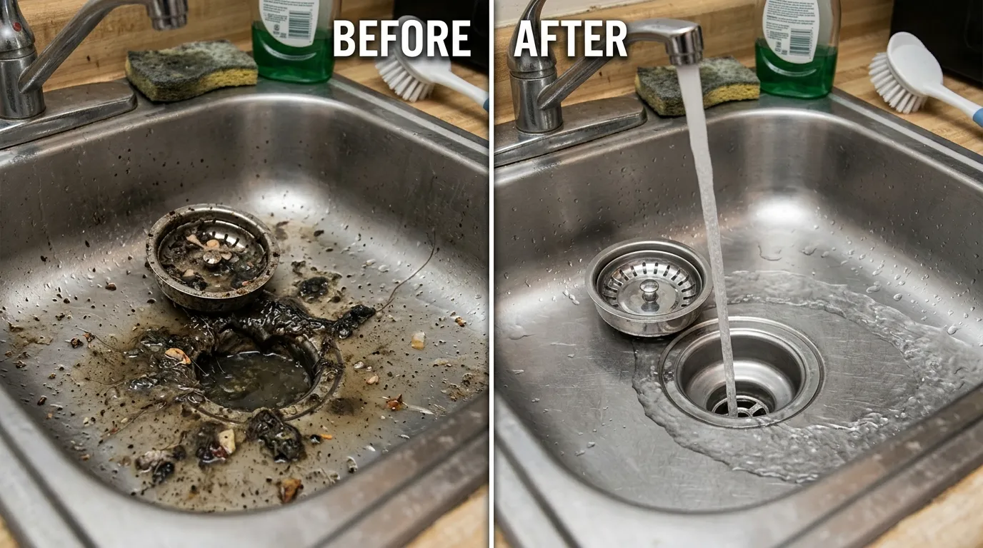 Before and after drain cleaning results — Fox Rora Plumbing Aurora CO showing cleared drain pipe interior