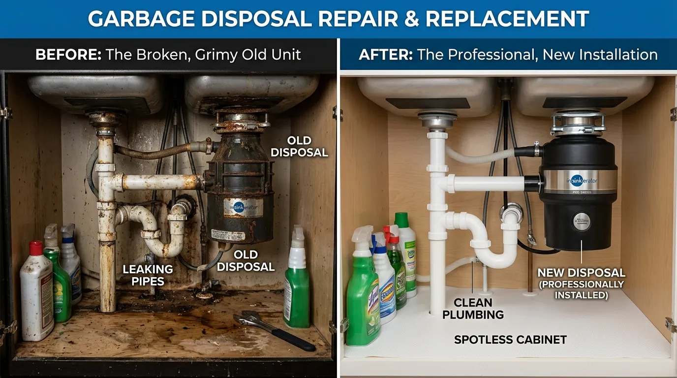 Garbage Disposal Repair and Replacement Before and After - Fox Rora Plumbing Aurora CO