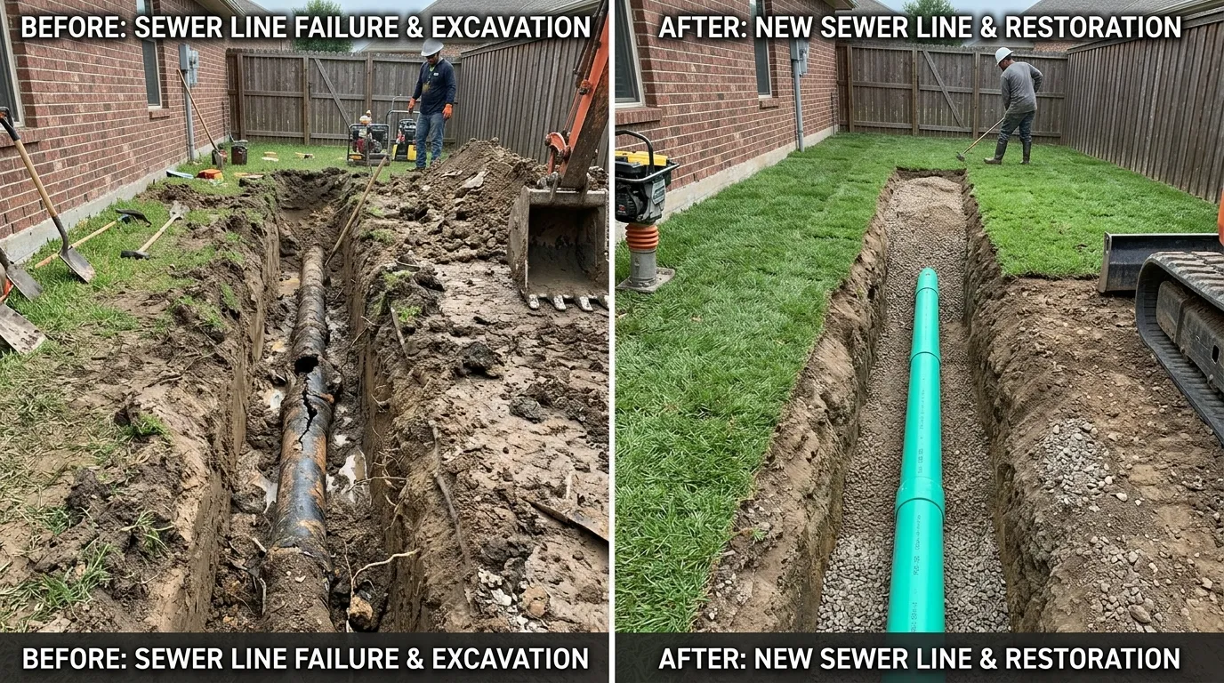 Sewer Line Repair Before and After - Fox Rora Plumbing Aurora CO showing damaged pipe replacement and restored drainage