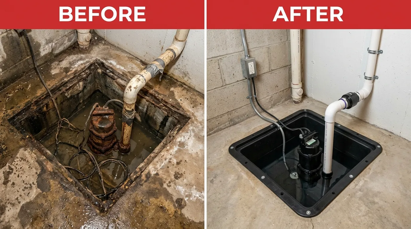 Sump Pump Repair and Replacement Before and After — Fox Rora Plumbing Aurora CO